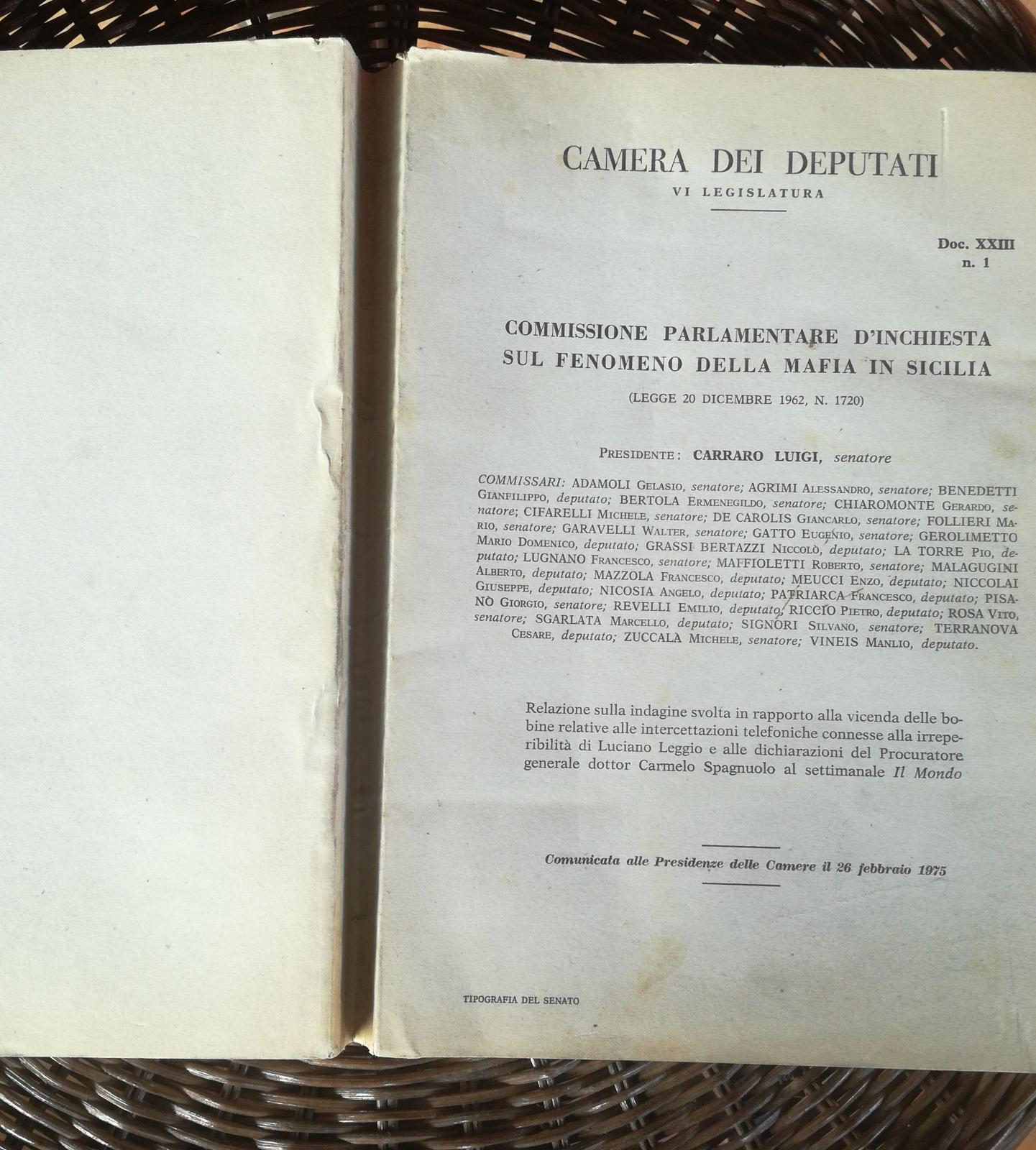 Camera dei deputati VI Legislatura Commissione parlamentare d'inchiesta sul fenomeno della Mafia in Sicilia - copertina