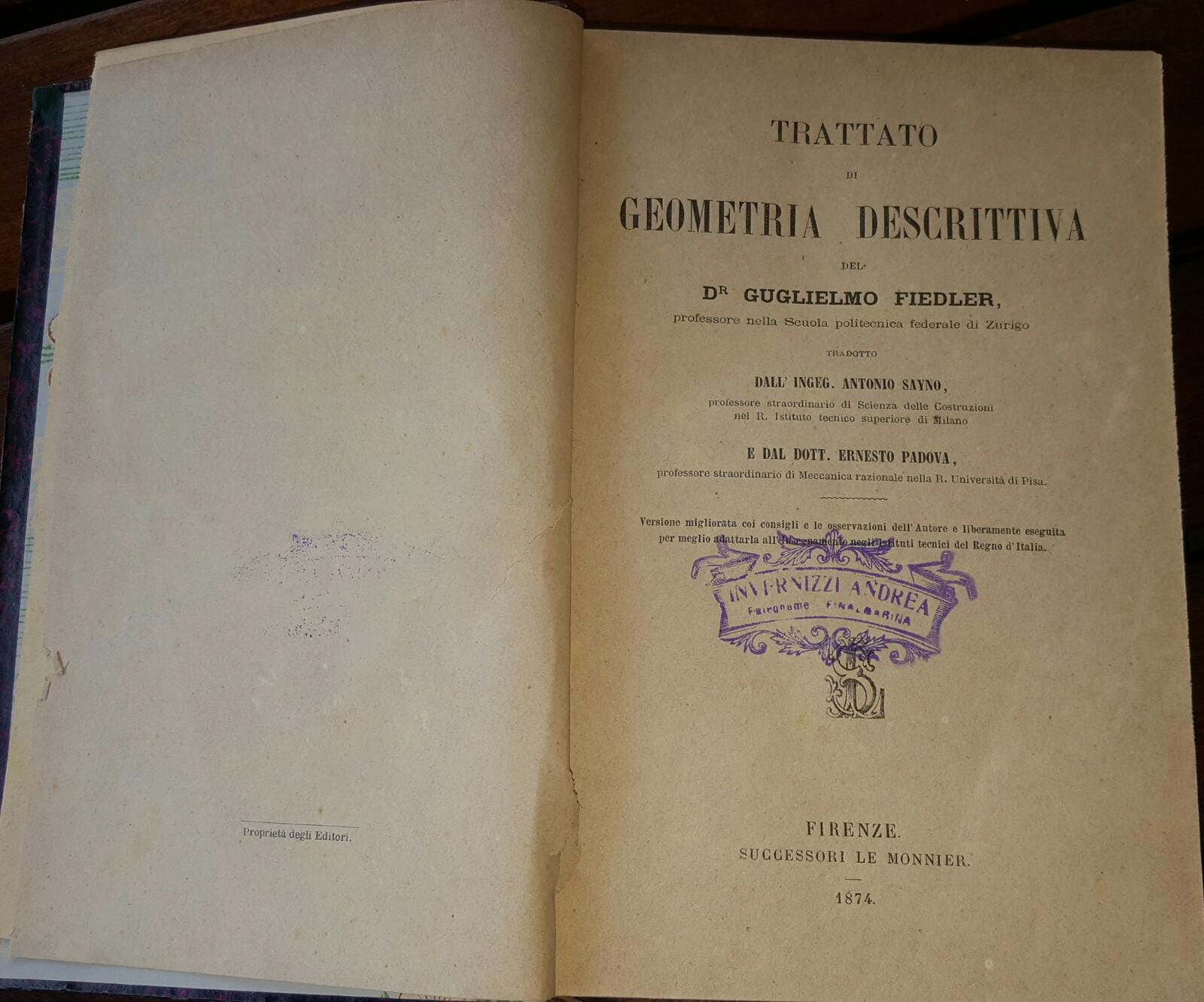 Trattato di geometria descrittiva - copertina