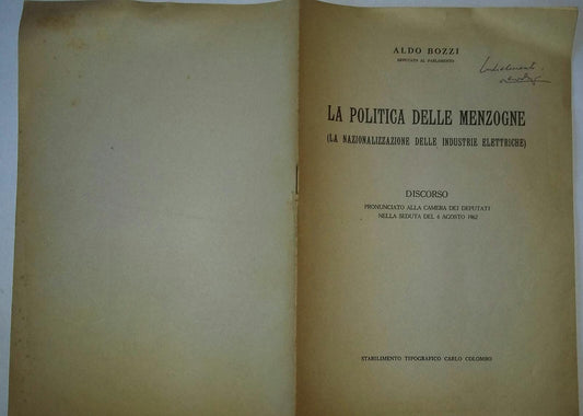 Politica delle menzogne (la nazionalizzazione delle industrie elettriche) Discorso - copertina