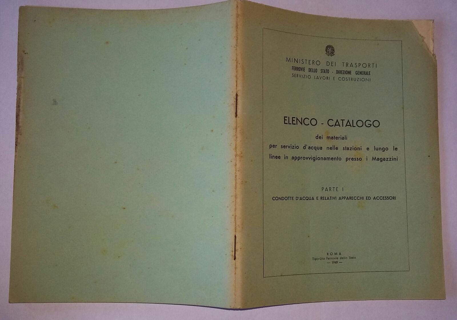 Elenco catalogo dei materiali per servizio d'acqua nelle stazioni e lungo le linee in approvvigionamento presso i magazzini - copertina