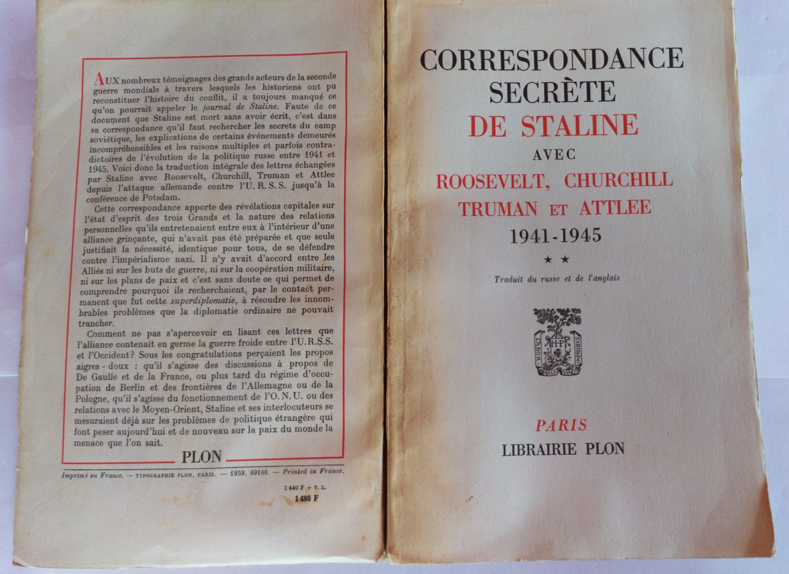 Correspondance secrete de Staline Avec Roosevelt, Churchill Truman et Attlee 1941-1945 volume 2 - copertina