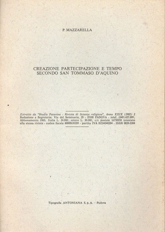 Creazione partecipazione e tempo secondo san Tommaso D'Aquino - copertina