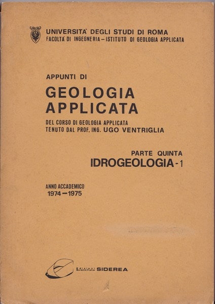 Appunti di geologia applicata. Parte V. Idrogeologia - 1 - copertina