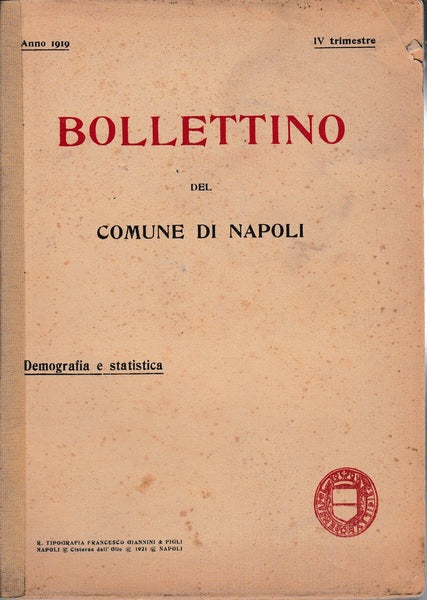Bollettino del Comune di Napoli. Demografia e statistica. Anno 1919 IV trimestre - copertina