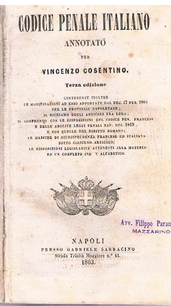 CODICE PENALE ITALIANO ANNOTATO PER VINCENZO COSENTINO - copertina