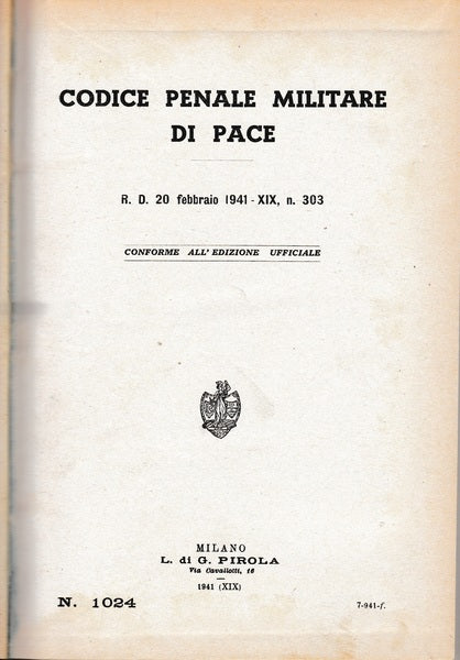 Codice penale militare di pace - Regio Decreto del 20 Febb. 1941 - XIX n. 303 - copertina