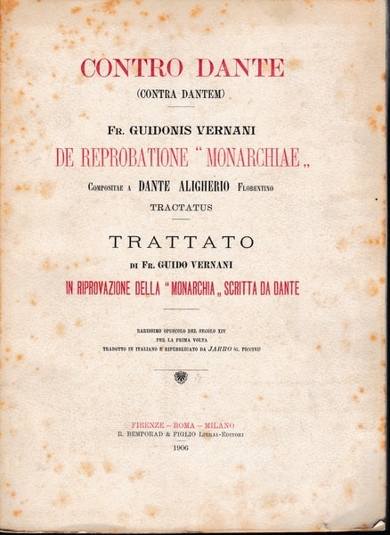 Contro Dante, Contra Dantem: Tractatus De Reprobatione Monarchiae - copertina