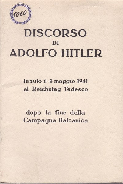 Discorso di Adolfo Hitler tenuto il 4 maggio 1941 al Reichstag Tedesco - copertina