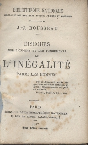 DISCOURS SUR L'ORIGINE ET LES FONDEMENTS DE L'INEGALITE' PARMI LES HOMMES - copertina