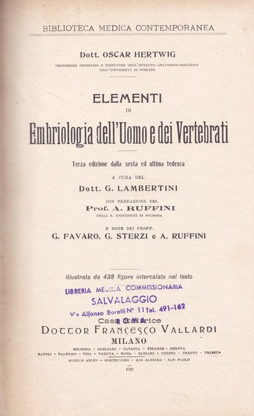 Elementi di Embriologia dell'Uomo e dei Vertebrati - copertina