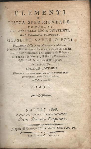 ELEMENTI DI FISICA SPERIMENTALE COMPOSTI PER USO DELLA REGIA UNIVERSITÀ. TOMO I - copertina