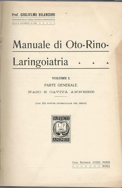 MANUALE DI OTO-RINO-LARINGOIATRIA - Volume primo - parte generale - copertina