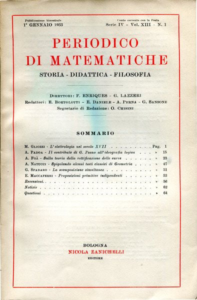 Periodico di matematiche.Storia-didattica-filosofia Serie IV Volume XIII 1933n.1 - copertina