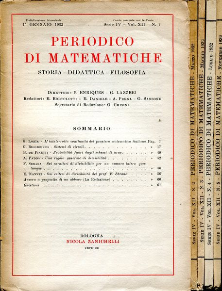 Periodico di matematiche.Storia - didattica - filosofia Serie IV Volume XII 1932 - copertina