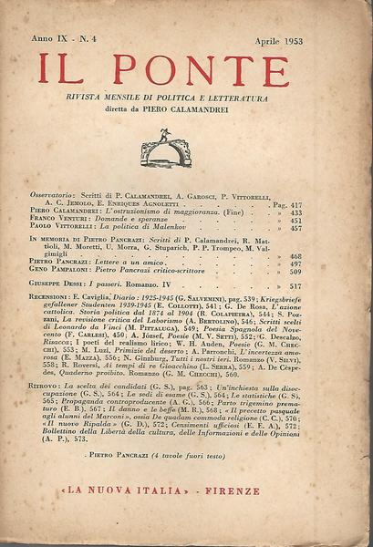 Il ponte. Rivista mensile di politica e letteratura. Anno IX n.4 aprile 1953 - copertina