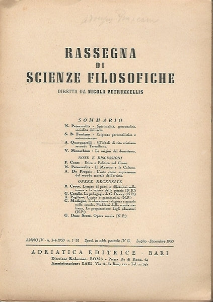 RASSEGNA DI SCIENZE FILOSOFICHE. ANNO IV N. 3-4 1950 N.1 51 - copertina