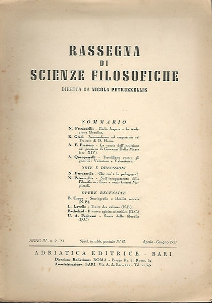 RASSEGNA DI SCIENZE FILOSOFICHE. ANNO IV. N.2 - copertina