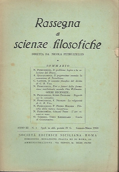RASSEGNA DI SCIENZE FILOSOFICHE. ANNO III. N. 1 - copertina
