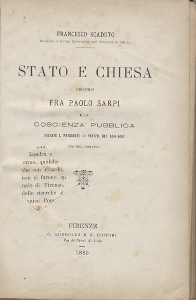 STATO E CHIESA SECONDO FRA PAOLO SARPI E LA COSCIENZA PUBBLICA - copertina